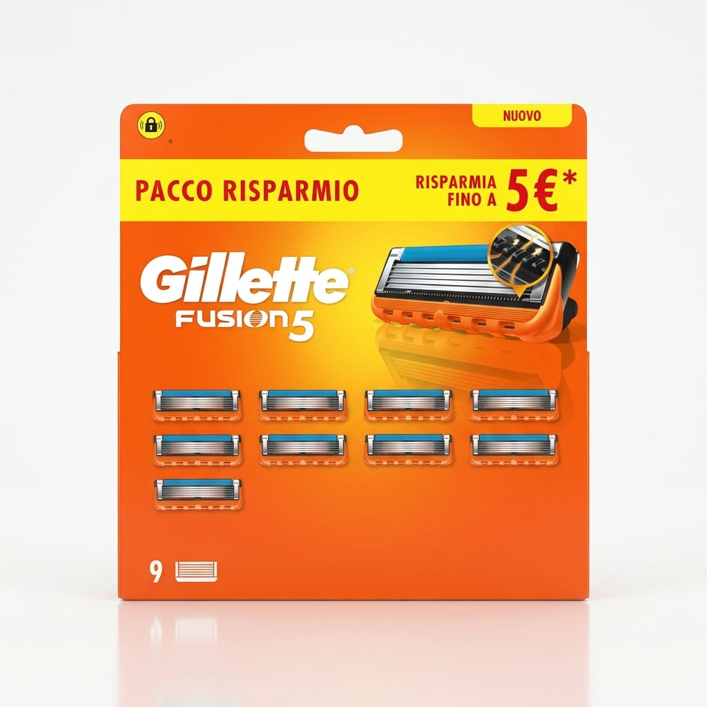 Gillette Fusion5 Lamette di Ricambio Rasoio Uomo Pacco Risparmio 9 Testine – 5 Lame Anti-Attrito e Rifinitore di Precisione