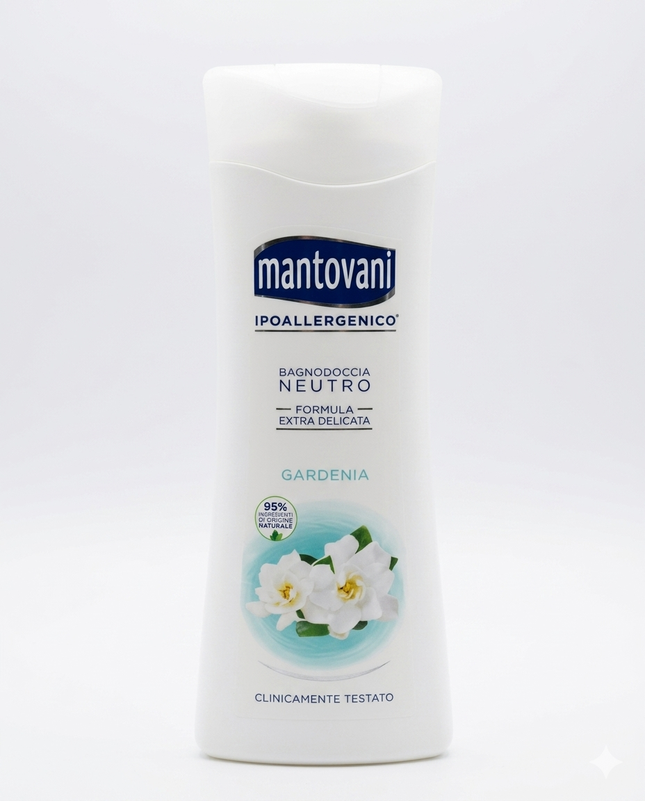 Mantovani Ipoallergenico Bagnodoccia Neutro Dermoprotettivo Gardenia e Latte di Riso 400ml – Azione Tonificante e Nutriente per Pelli Sensibili