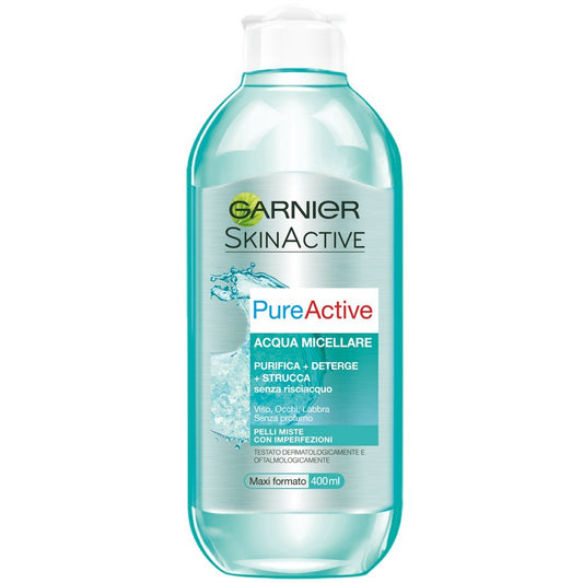 Garnier Acqua Micellare Pure Active 400 ml | Strucca, Deterge e Purifica | Per Pelli Miste con Imperfezioni | Tecnologia Micellare Senza Risciacquo
