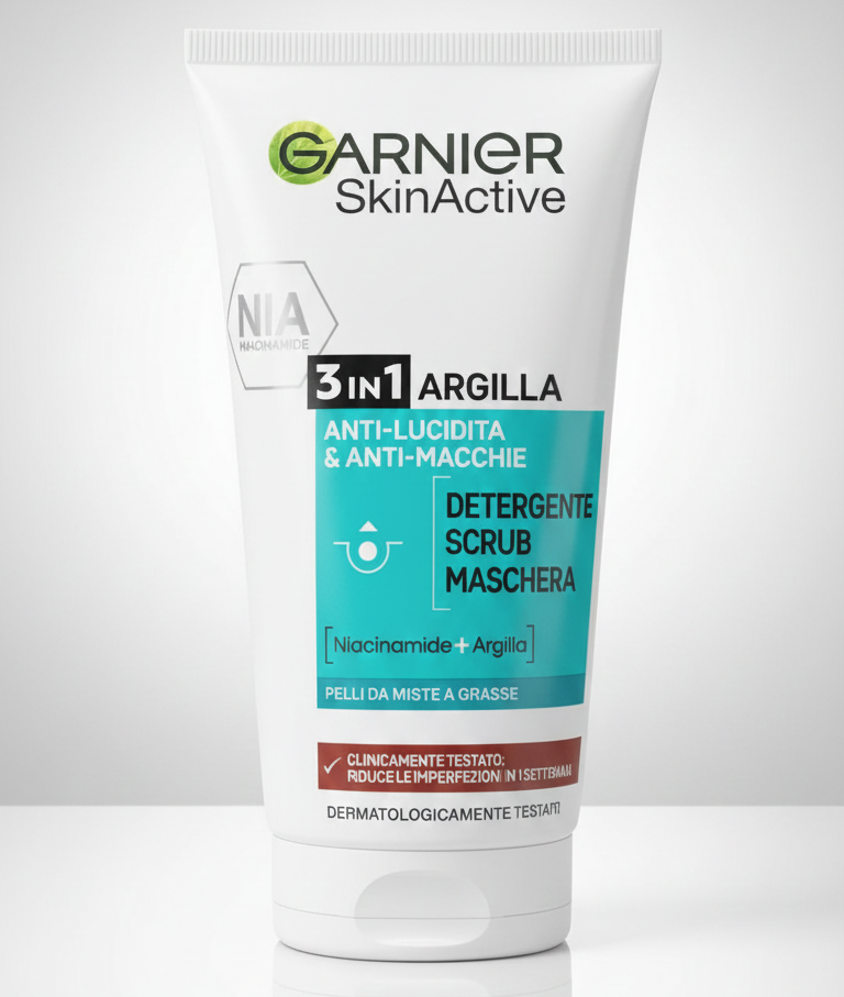 Garnier Pure Active 3 in 1 Argilla – Detergente, Scrub e Maschera Viso – Con Niacinamide e Argilla – Per Pelli Grasse e Acneiche – 150 ml