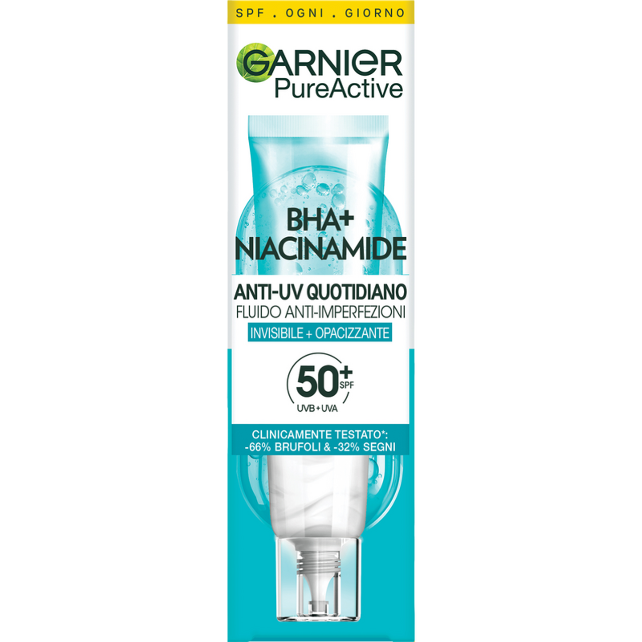 Garnier Pure Active Fluido Anti-Imperfezioni Anti-UV SPF 50+ 40 ml | Opacizzante e Invisibile | BHA + Niacinamide | Riduce Brufoli e Segni Post-Acneici