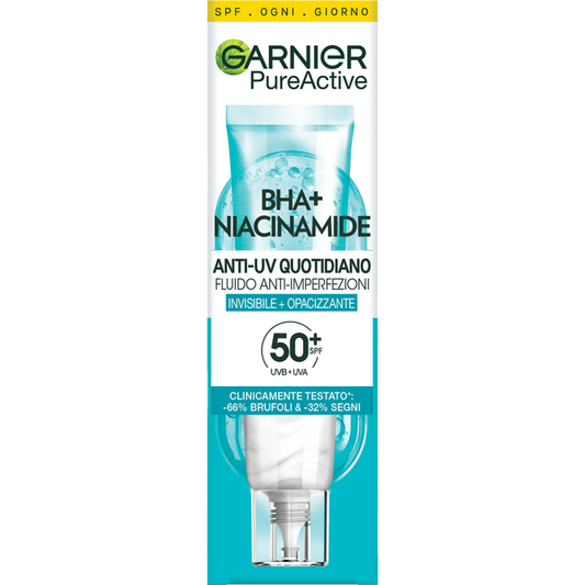 Garnier Pure Active Fluido Anti-Imperfezioni Anti-UV SPF 50+ 40 ml | Opacizzante e Invisibile | BHA + Niacinamide | Riduce Brufoli e Segni Post-Acneici