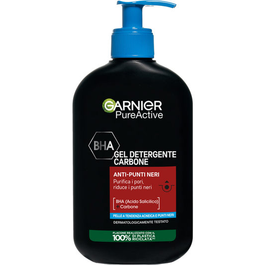 Garnier Pure Active Gel Detergente al Carbone 250 ml | Anti-Punti Neri e Anti-Sebo con BHA (Acido Salicilico) | Purificante e Opacizzante 24H | Per Pelli Impure