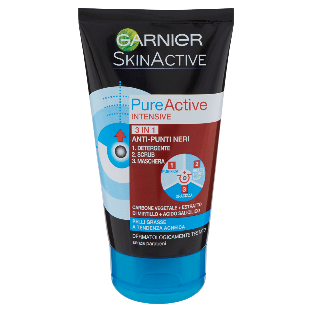 Garnier Pure Active Intensive 3 in 1 Carbone 150 ml | Detergente, Scrub e Maschera Anti-Punti Neri | Per Pelli Grasse e Acneiche con Carbone Naturale