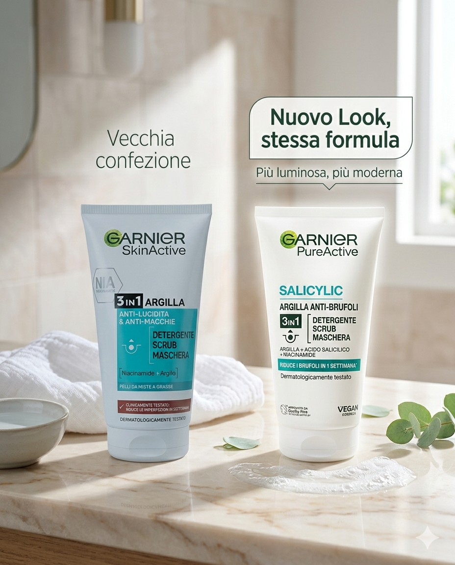 Garnier Pure Active 3 in 1 Argilla – Detergente, Scrub e Maschera Viso – Con Niacinamide e Argilla – Per Pelli Grasse e Acneiche – 150 ml