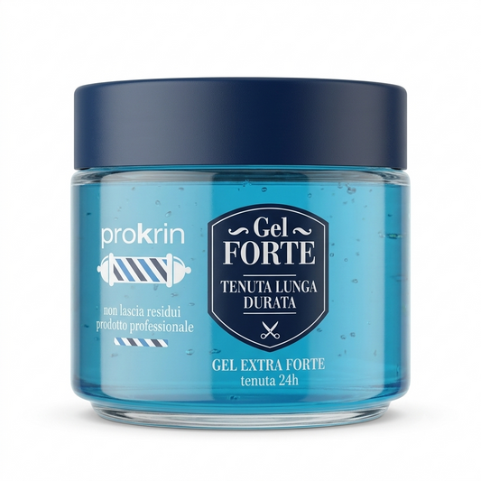 Prokrin gel capelli forte 100 ml, tenuta lunga durata con pantenolo e filtro UV, formato viaggio per styling professionale.