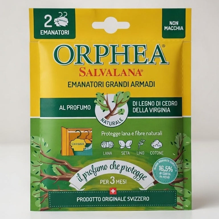 Orphea Salvalana Emanatori per Grandi Armadi e Cabine – Profumo Legno di Cedro della Virginia – 2 Pezzi in Pura Cellulosa – Protezione 3 Mesi