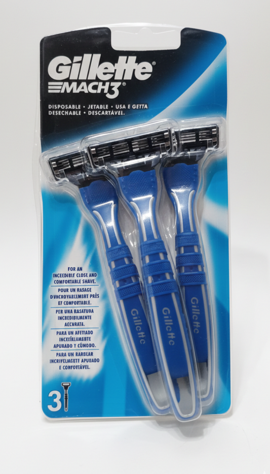 Gillette Mach3 rasoi usa e getta 3 pezzi con 3 lame e testina snodabile per rasatura precisa e confortevole.
