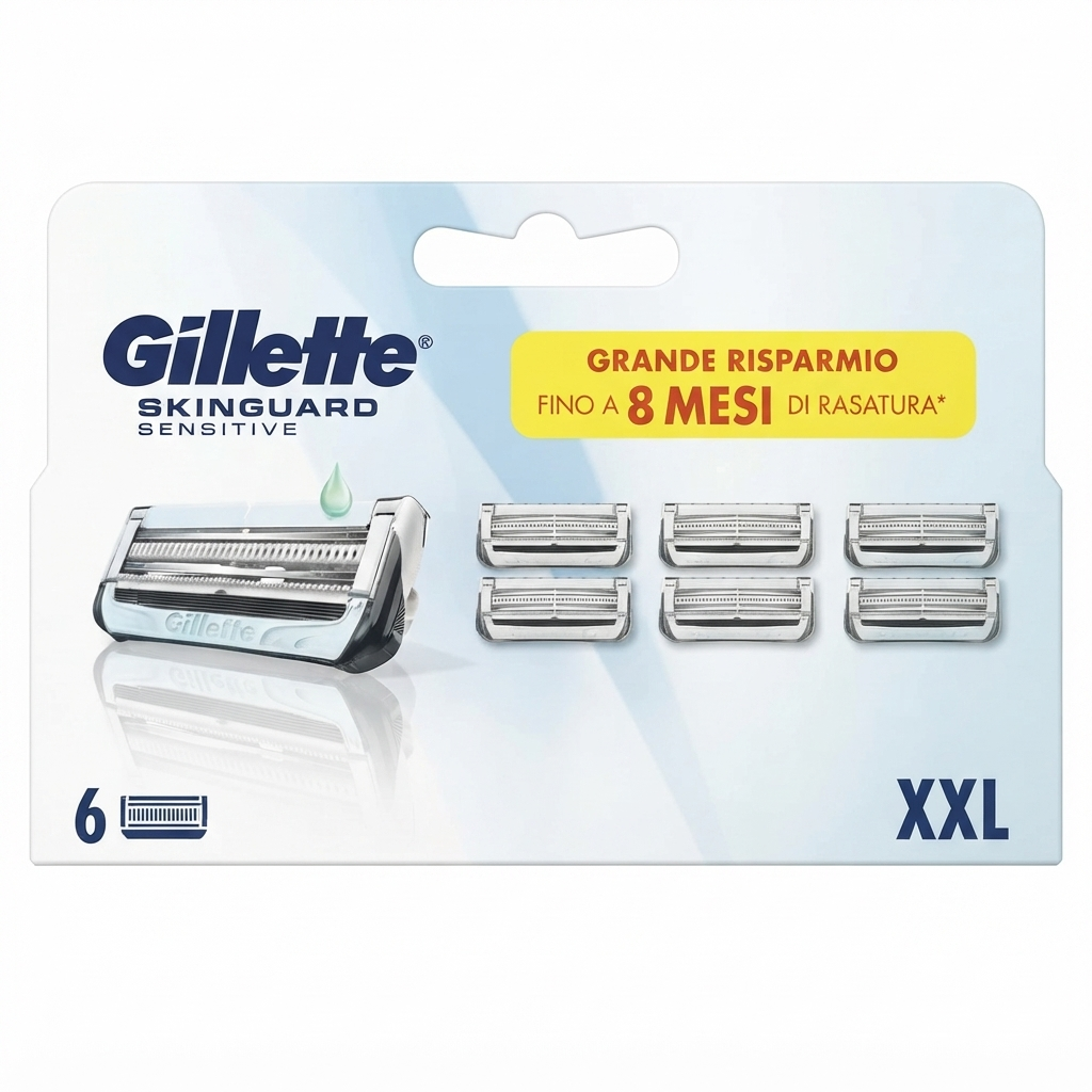 Gillette SkinGuard Sensitive ricambi 6 lamette uomo, testine rasoio con protezione per pelle sensibile.