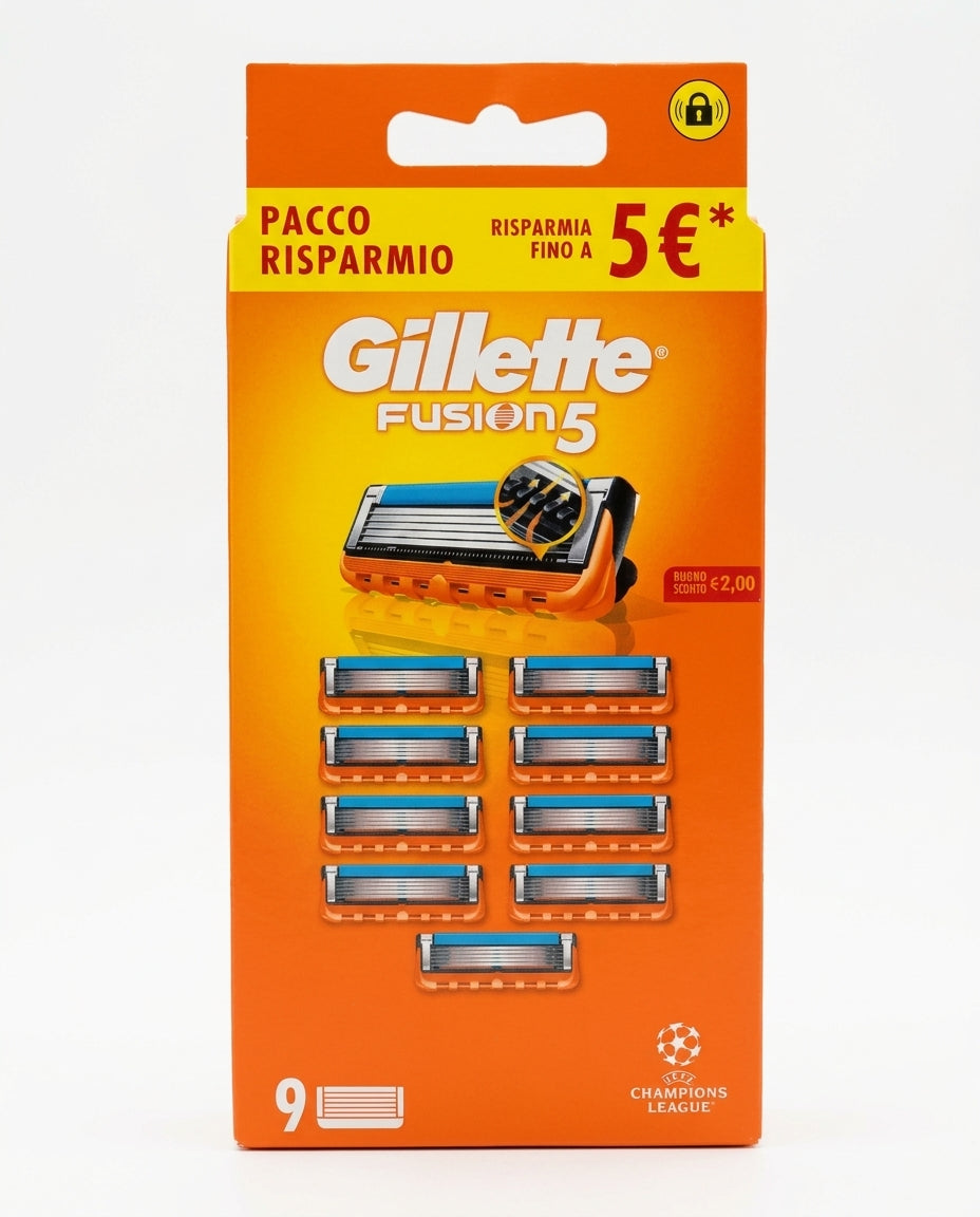 Gillette Fusion5 Lamette di Ricambio Rasoio Uomo Pacco Risparmio 9 Testine – 5 Lame Anti-Attrito e Rifinitore di Precisione