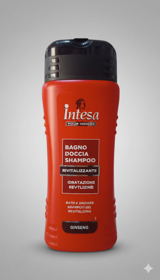 Intesa Pour Homme Bagno Doccia Shampoo Rivitalizzante 500ml | Formula al Ginseng per Idratazione Quotidiana | Fragranza Legni Preziosi, Ambra e Muschi | 3-in-1 pH Fisiologico