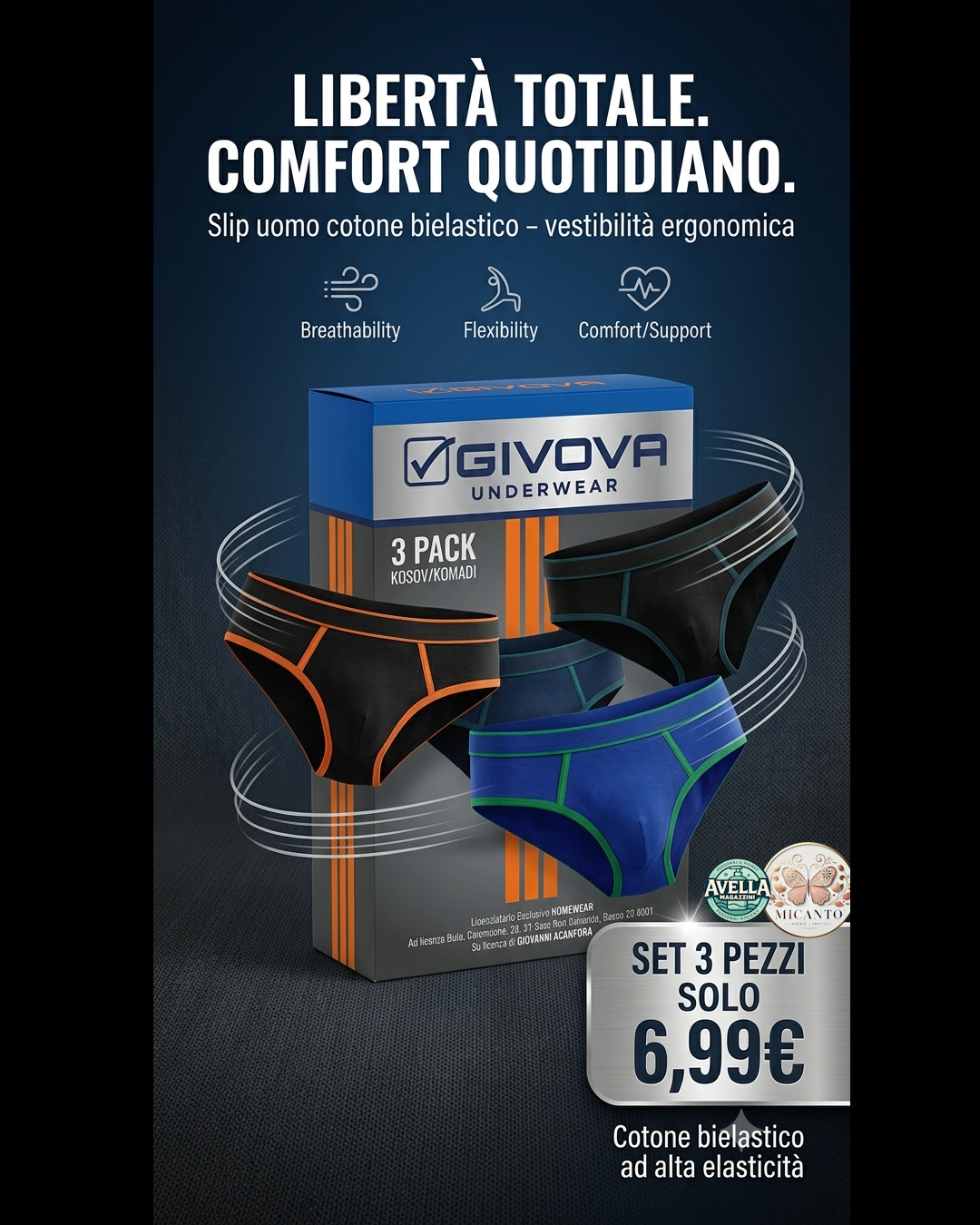 Givova Set 3 Pezzi Slip Uomo in Cotone Bielastico – Comfort Assoluto e Massima Libertà di Movimento
