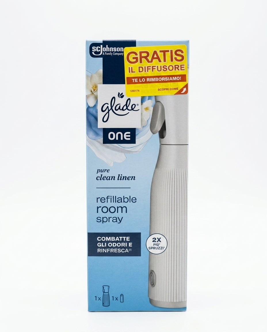 Glade ONE Pure Clean Linen Starter Kit con diffusore ricaricabile e ricarica da 10 ml, spray per ambienti che combatte gli odori e rinfresca con tecnologia Long Lasting oltre 24 ore, 2X più spruzzi e ricarica universale compatibile con Glade ONE, Sense & Spray e Touch & Spray.