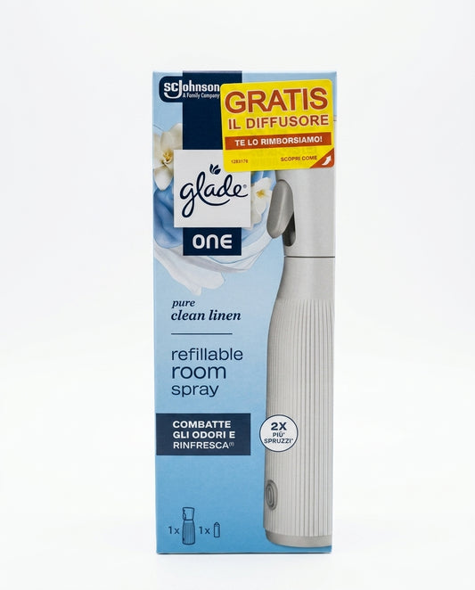 Glade ONE Pure Clean Linen Starter Kit con diffusore ricaricabile e ricarica da 10 ml, spray per ambienti che combatte gli odori e rinfresca con tecnologia Long Lasting oltre 24 ore, 2X più spruzzi e ricarica universale compatibile con Glade ONE, Sense & Spray e Touch & Spray.