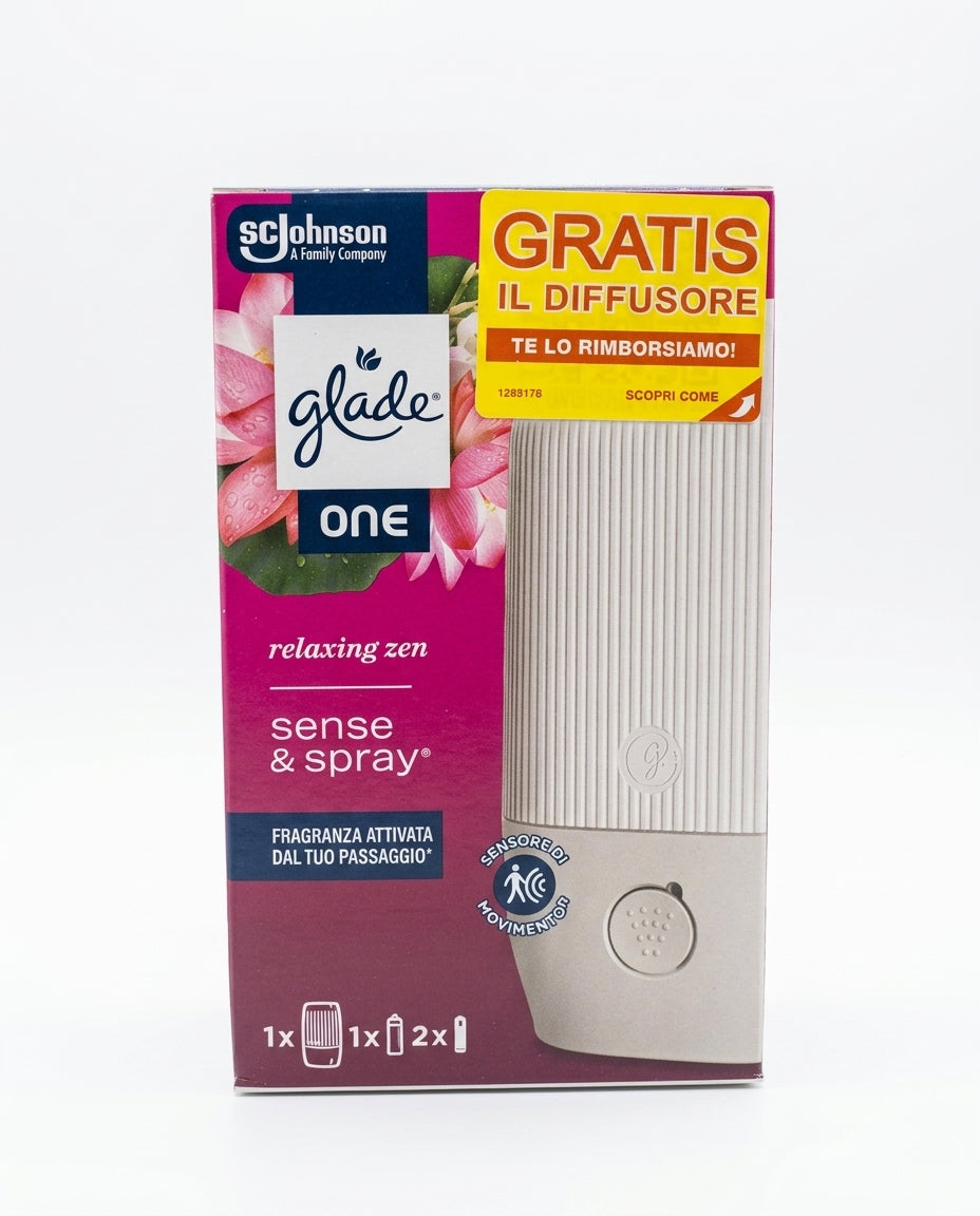 Glade ONE Sense & Spray Relaxing Zen, diffusore automatico con sensore di movimento, kit con 1 diffusore, 1 ricarica e 2 batterie AA, con spruzzo automatico al passaggio, pausa intelligente di 30 minuti e pulsante Boost.