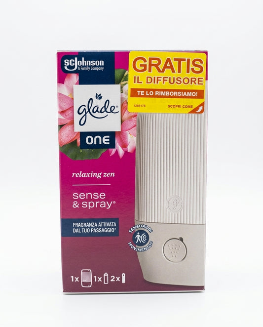Glade ONE Sense & Spray Relaxing Zen, diffusore automatico con sensore di movimento, kit con 1 diffusore, 1 ricarica e 2 batterie AA, con spruzzo automatico al passaggio, pausa intelligente di 30 minuti e pulsante Boost.