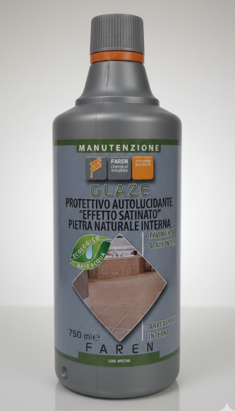 FAREN GLAZE Protettivo Autolucidante Effetto Satinato 750ml | Per Pietra Naturale, Marmo e Granito | Finitura Vellutata per Pavimenti e Scale Interne | Scudo Antimacchia e Antipolvere