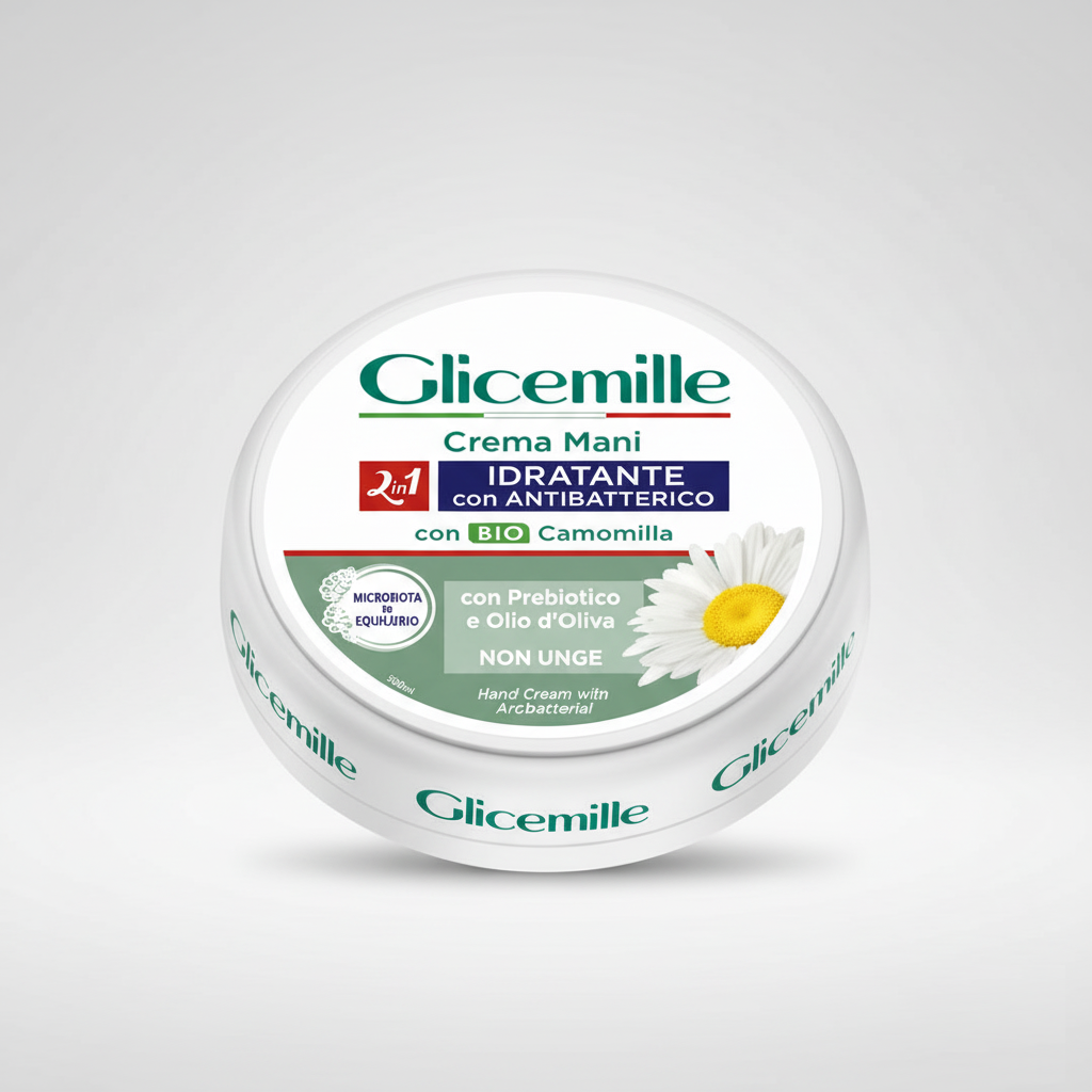 Glicemille Crema Mani 2in1 Giara 100ml - Idratante con Antibatterico - Formula NON UNGE - Prebiotico & BIO Camomilla - Microbiota Equilibrio