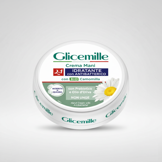 Glicemille Crema Mani 2in1 Giara 100ml - Idratante con Antibatterico - Formula NON UNGE - Prebiotico & BIO Camomilla - Microbiota Equilibrio
