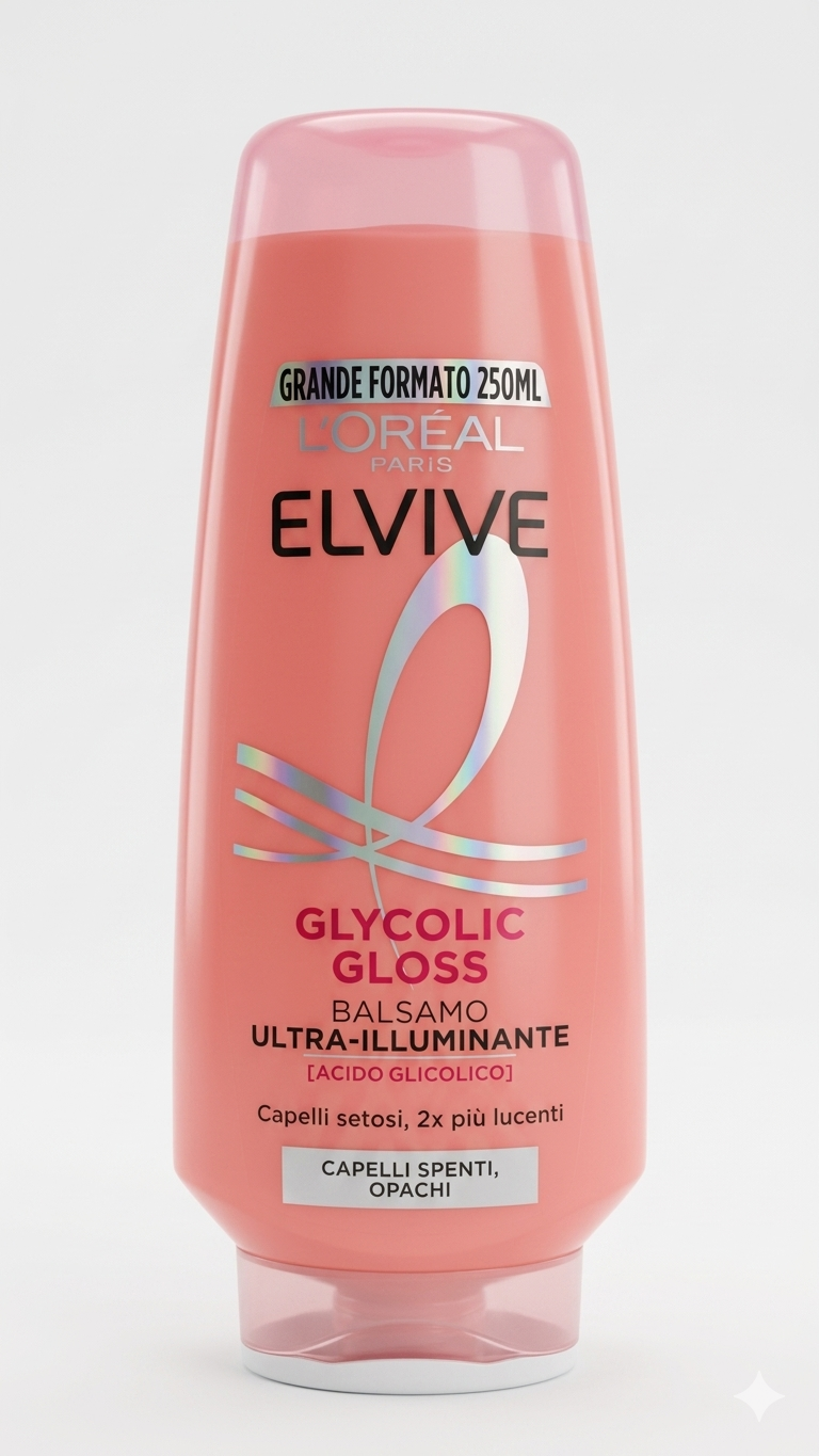 L'Oréal Elvive Glycolic Gloss Balsamo 250ml con Acido Glicolico, trattamento illuminante per capelli spenti e opachi che aumenta la lucentezza fino a effetto specchio, migliora la districabilità e lascia i capelli più morbidi e setosi.