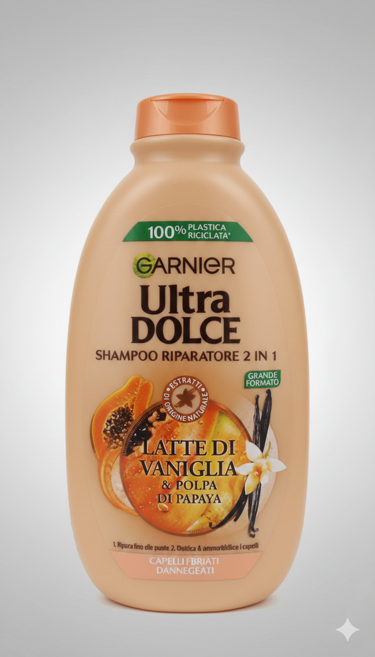 Garnier Ultra Dolce Shampoo 2in1 Latte di Vaniglia e Polpa di Papaya 400ml – Districante e Rivitalizzante per Capelli Lunghi