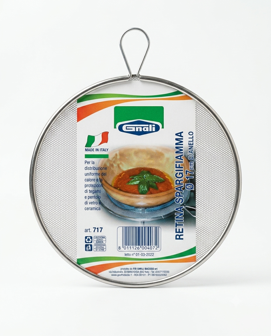 Retina spargifiamma Gnali Ø17 cm con anello, ideale per distribuire uniformemente il calore e proteggere pentole e tegami in vetro o ceramica da sbalzi termici e fiamme dirette.