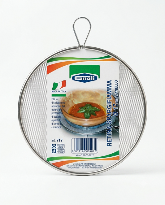 Retina spargifiamma Gnali Ø17 cm con anello, ideale per distribuire uniformemente il calore e proteggere pentole e tegami in vetro o ceramica da sbalzi termici e fiamme dirette.