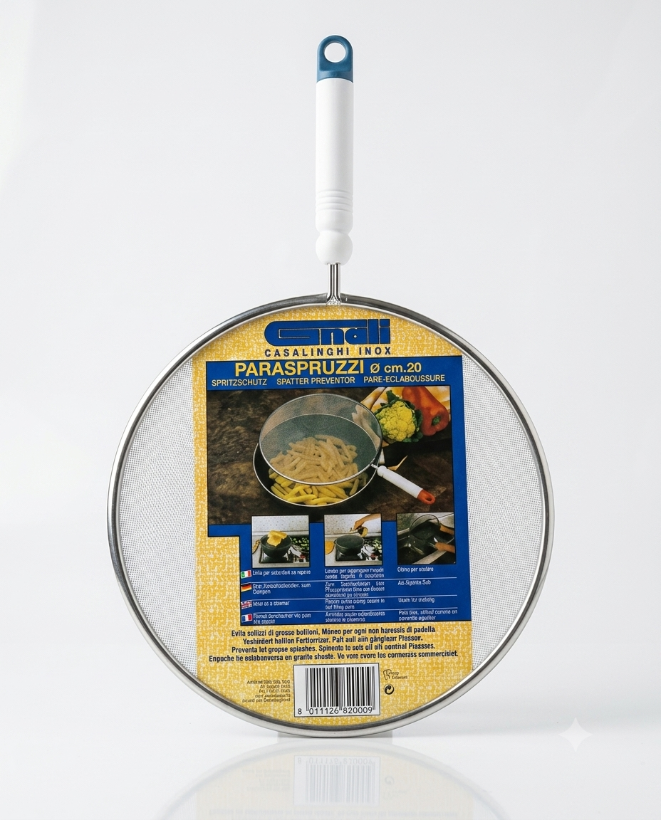 Paraspruzzi Gnali Ø20 cm per padelle, evita schizzi di olio e grasso durante la cottura, ideale per cottura a vapore, aggiunta di liquidi senza rimuovere il coperchio e per scolare in modo pratico e sicuro.