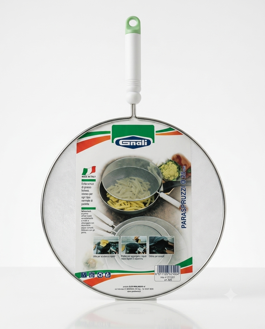 Paraspruzzi Gnali Ø25 cm per padelle, evita schizzi di grasso bollente durante la cottura, adatto a pentole e padelle standard, utile per cottura a vapore, aggiunta di liquidi e scolatura.