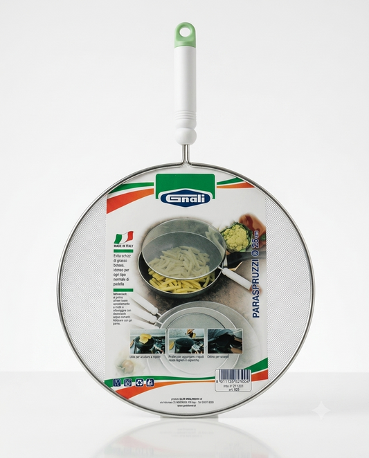 Paraspruzzi Gnali Ø25 cm per padelle, evita schizzi di grasso bollente durante la cottura, adatto a pentole e padelle standard, utile per cottura a vapore, aggiunta di liquidi e scolatura.
