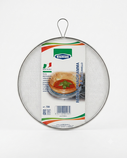 Retina spargifarina Gnali Ø20 cm con anello Art. 720, ideale per distribuire uniformemente il calore e proteggere pentole e tegami in vetro o ceramica durante la cottura.
