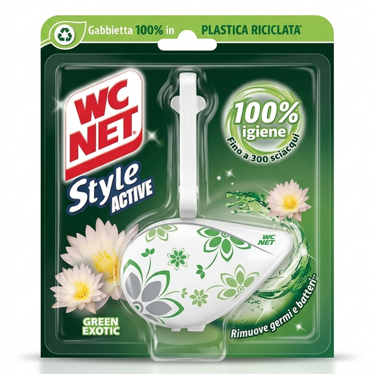 WC NET Tavoletta Style Active Green Exotic – Igiene Profonda con Ossigeno Attivo – Gabbietta Design Elegante e Profumazione Esotica Persistente – Tecnologia Anti-Rovina