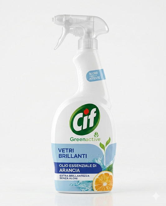 Cif Greenactive Vetri Brillanti Spray 650ml con olio essenziale di arancia, detergente per vetri e superfici lavabili. Formula con ingredienti di origine naturale che aiuta a rimuovere sporco e impronte, donando brillantezza senza aloni. Flacone riciclabile realizzato con plastica riciclata.