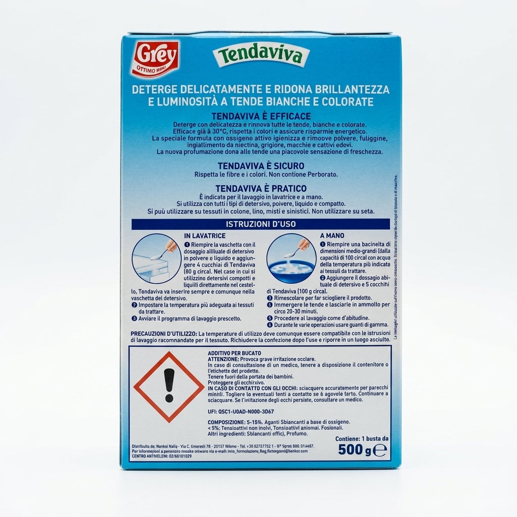 Grey Tendaviva 500 g | Additivo Smacchiatore e Sbiancante per Tende | Ravviva Bianchi e Colorati | Con Ossigeno Attivo | Azione Anti-Odore | Già a 30°C