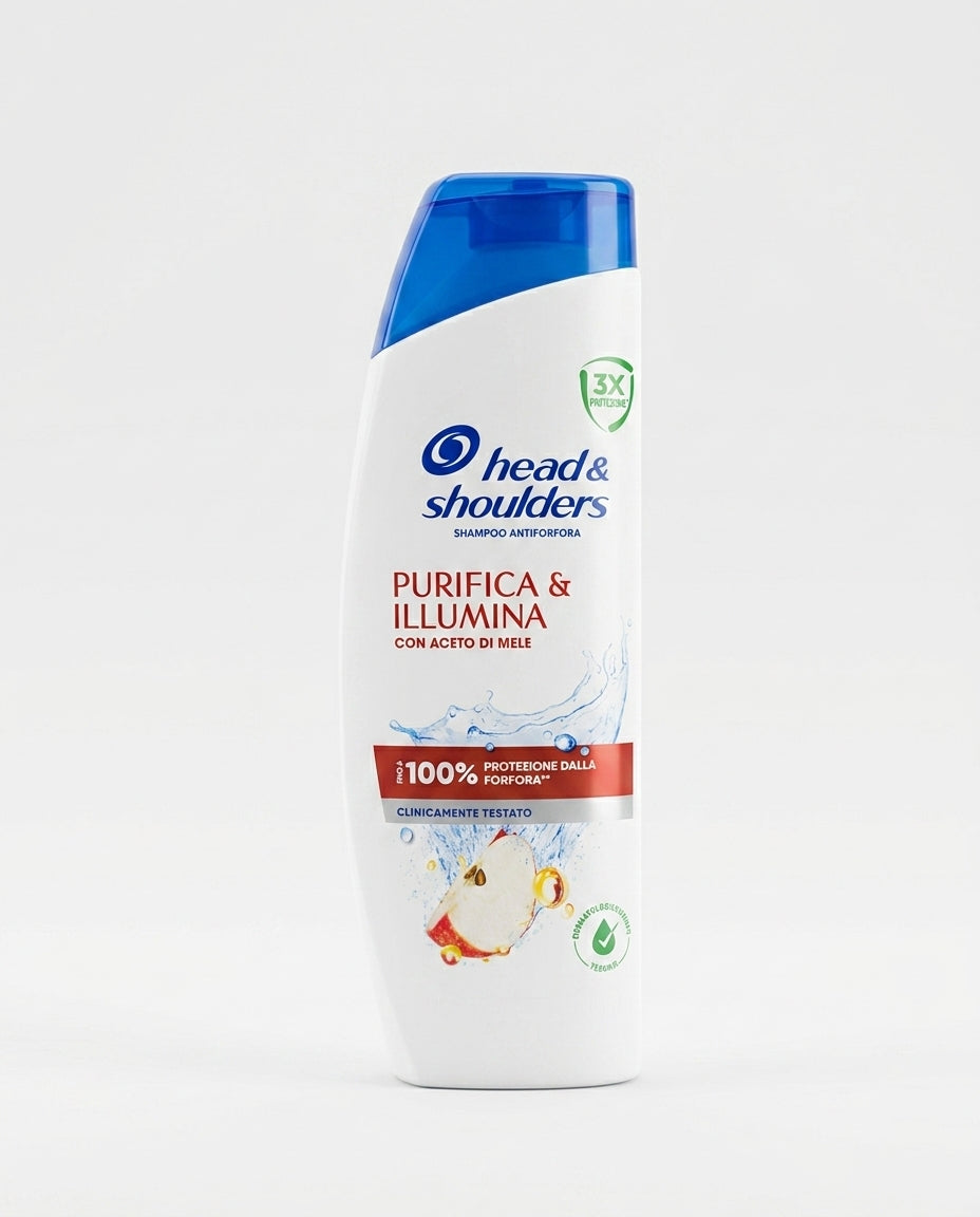 Head & Shoulders Purifica & Illumina 250 ml, shampoo antiforfora con aceto di mele, formulato per contrastare forfora, eccesso di grasso e prurito, con 3X protezione.