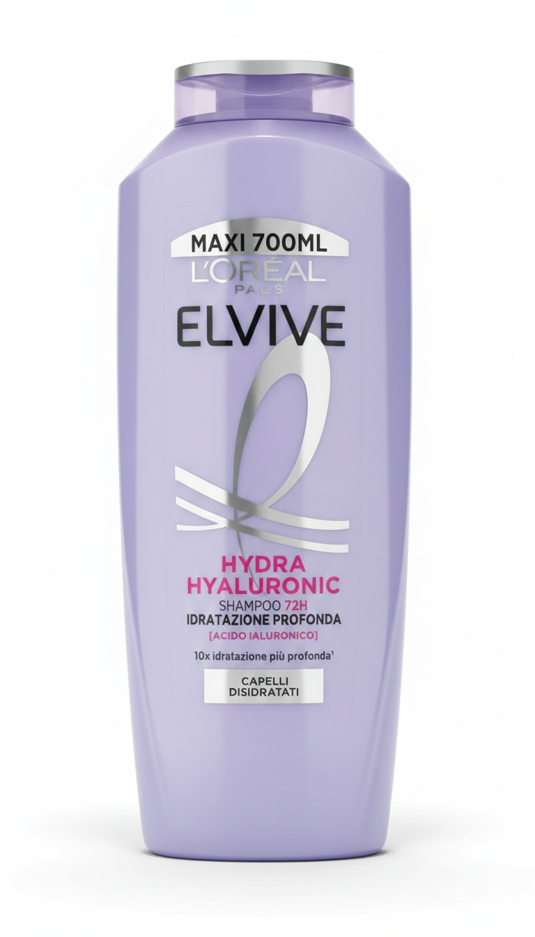 L'Oréal Paris Elvive Hydra Hyaluronic shampoo maxi 700ml con acido ialuronico, trattamento idratante 72h per capelli secchi, spenti e disidratati con effetto rimpolpante e leggerezza senza appesantire