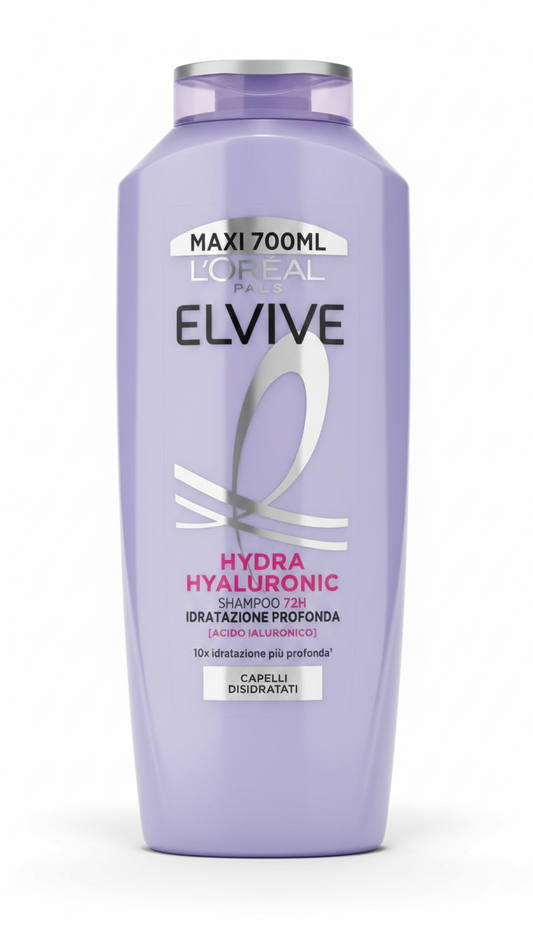 L'Oréal Paris Elvive Hydra Hyaluronic shampoo maxi 700ml con acido ialuronico, trattamento idratante 72h per capelli secchi, spenti e disidratati con effetto rimpolpante e leggerezza senza appesantire