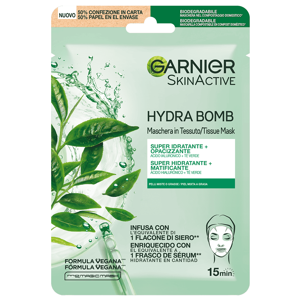 Garnier Hydra Bomb Maschera in Tessuto Super Idratante Opacizzante | Estratto di Tè Verde e Acido Ialuronico | Effetto Mat per Pelli Miste e Grasse 32g