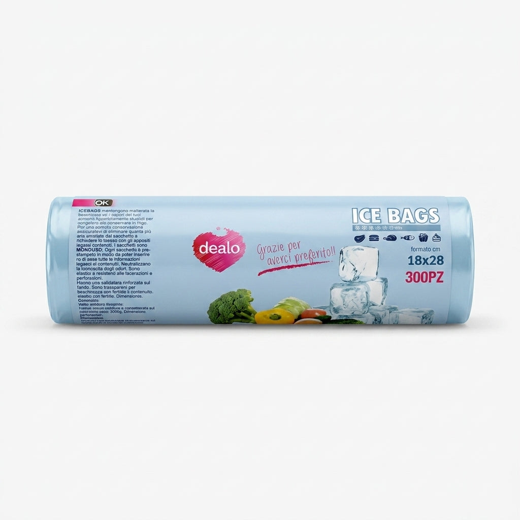 Dealo Ice Bags Sacchetti Frigo per Alimenti 18x28 cm, confezione da 300 pezzi con laccetti, ideali per conservare e congelare alimenti in frigo e freezer.