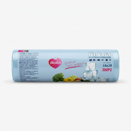 Dealo Ice Bags Sacchetti Frigo per Alimenti 18x28 cm, confezione da 300 pezzi con laccetti, ideali per conservare e congelare alimenti in frigo e freezer.