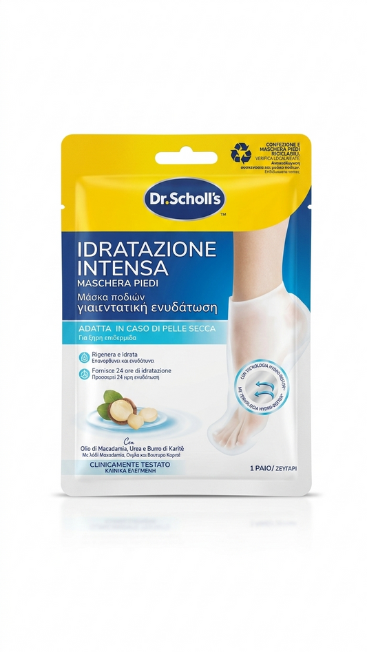 Scholl Expert Care PediMask Nutriente Olio di Macadamia 2x10 g, maschera piedi in formato calzino con tecnologia Hydro'Restor™, trattamento intensivo di 20 minuti che aiuta a nutrire la pelle secca, garantire idratazione fino a 24 ore e lasciare i piedi morbidi e levigati.