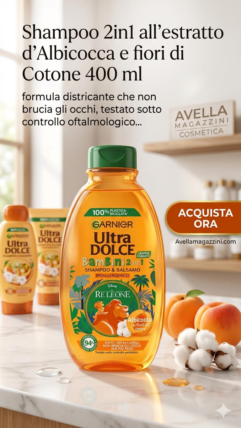 Garnier Ultra Dolce Bambini Shampoo 2in1 Albicocca e Fiori di Cotone 400ml – Ipoallergenico, Anti-Nodi e Senza Lacrime