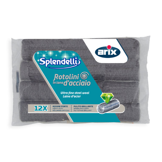 Arix Splendelli Rotolini in Lana d'Acciaio Ultra Fine | 12 Pezzi | Azione Forte per Incrostazioni e Bricolage | Pulito Brillante