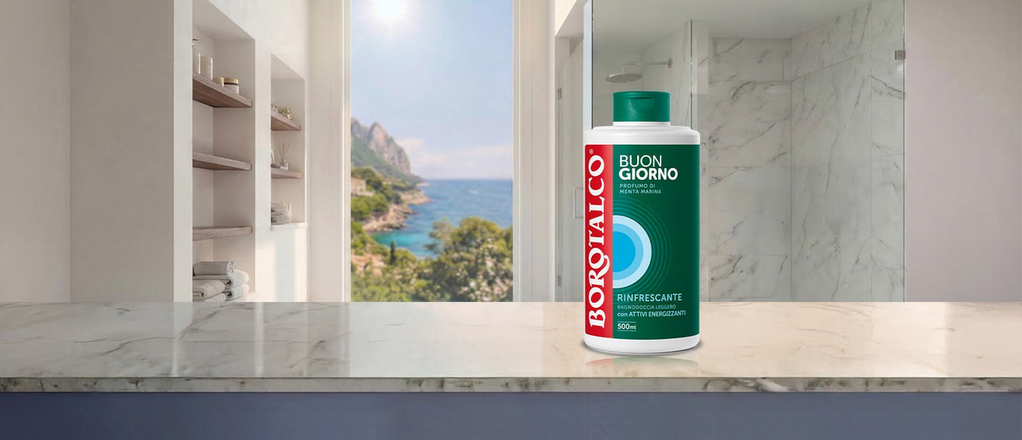 Borotalco Bagnodoccia Buongiorno Rinfrescante 500 ml | Con Attivi Energizzanti e Menta Marina | Texture Leggera | Flacone 100% Plastica Riciclata