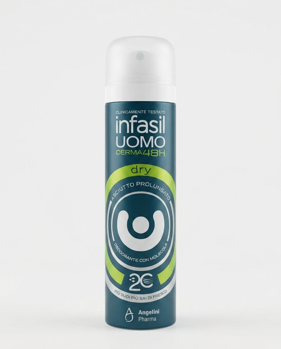 Infasil Uomo Derma48H Dry Deodorante Spray 150 ml, con molecola 2C attivata dal sudore, formulato per un effetto asciutto prolungato fino a 48 ore e clinicamente testato.