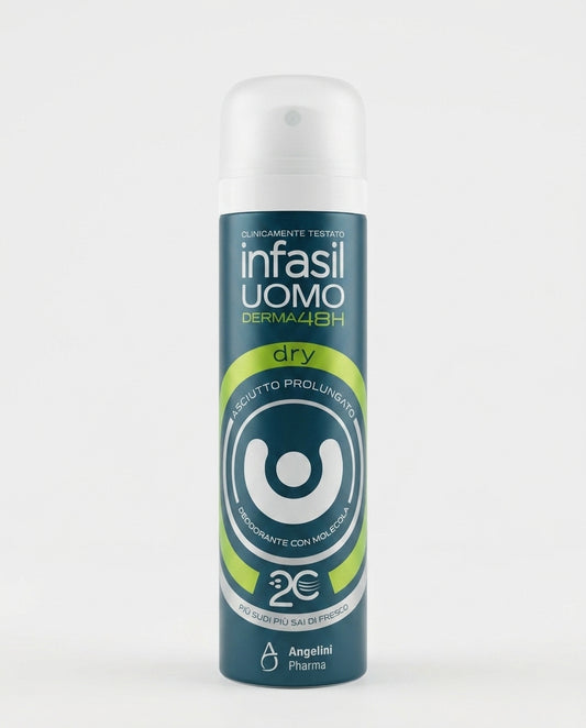 Infasil Uomo Derma48H Dry Deodorante Spray 150 ml, con molecola 2C attivata dal sudore, formulato per un effetto asciutto prolungato fino a 48 ore e clinicamente testato.