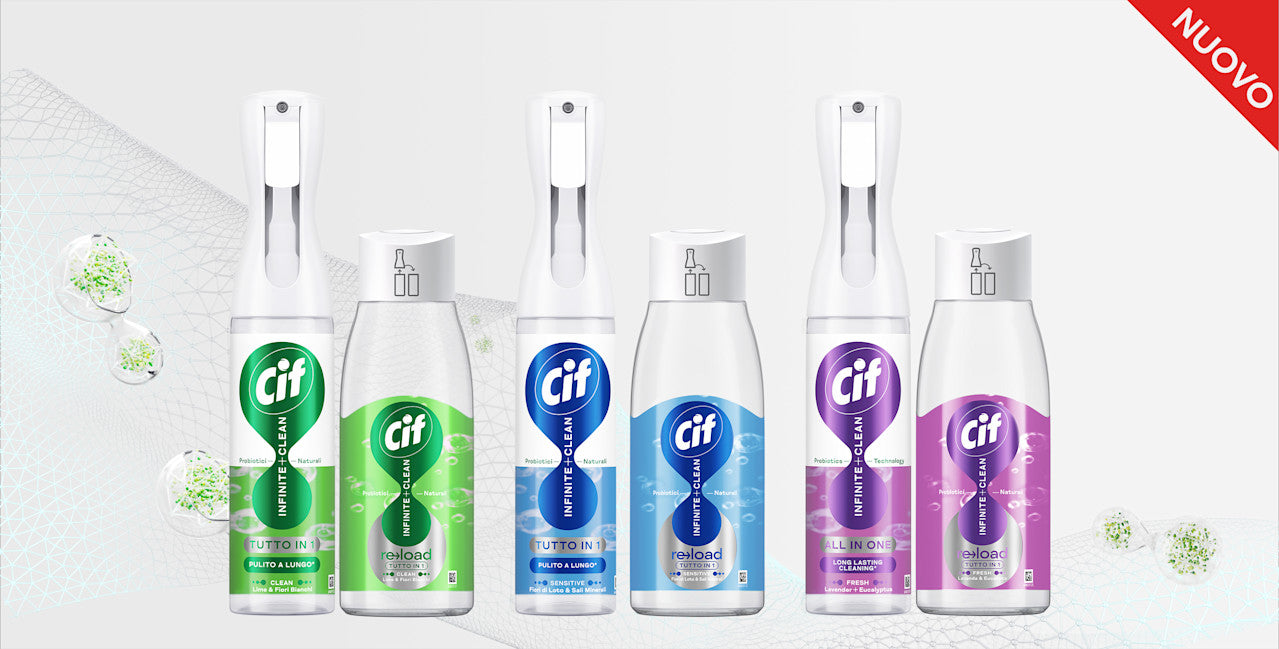 Cif Infinite Clean Re->Load Ricarica 590ml – Detergente Multiuso con Tecnologia Probiotica Attiva 72h – Sicuro su Superfici, Schermi e Tessuti – Eco-Ricarica