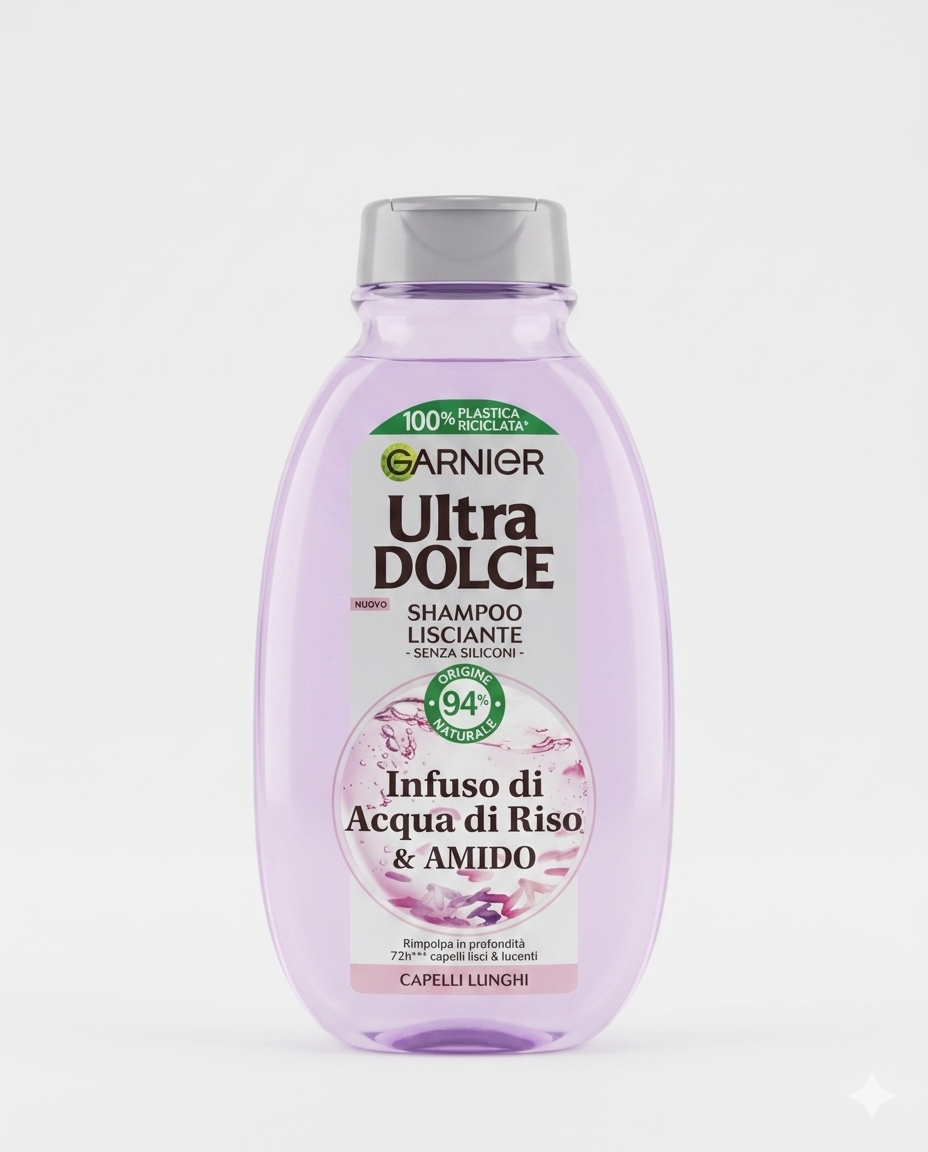 Garnier Ultra Dolce Shampoo Lisciante Infuso di Acqua di Riso & Amido 250 ml – Trattamento Idratante Rimpolpante 72H Senza Siliconi per Capelli Lunghi