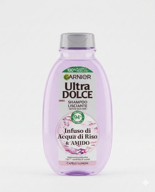 Garnier Ultra Dolce Shampoo Lisciante Infuso di Acqua di Riso & Amido 250 ml – Trattamento Idratante Rimpolpante 72H Senza Siliconi per Capelli Lunghi