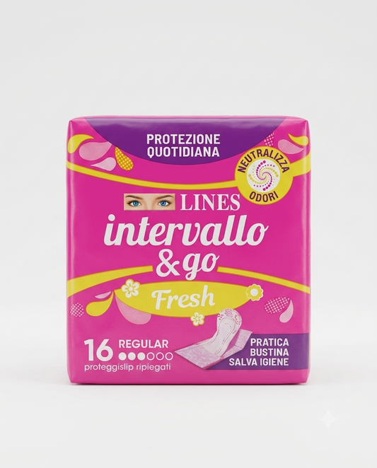 Lines Intervallo & Go Fresh 16 proteggislip ripiegati in bustina, assorbenza Regular con sistema neutralizza odori.